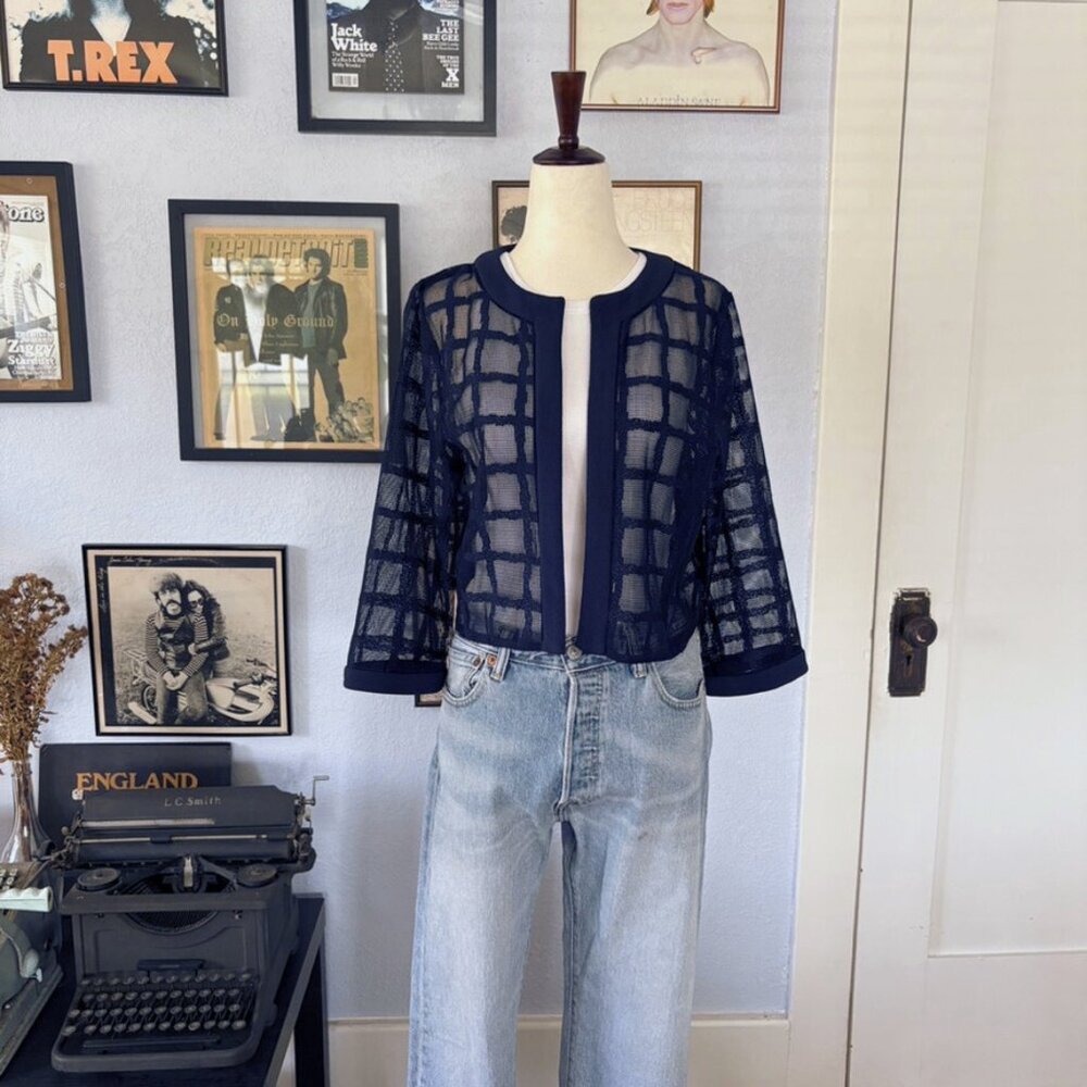 Maya Brooke Dark Navy Blue Jacket Mesh Windowpane… - image 3